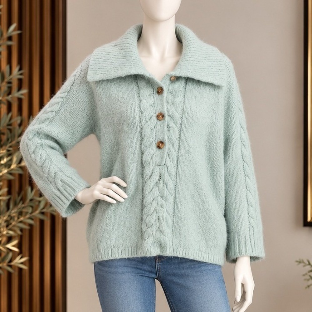 Free People Womens Cardigan Cable Knit Oversized Button Front Mint Green XL